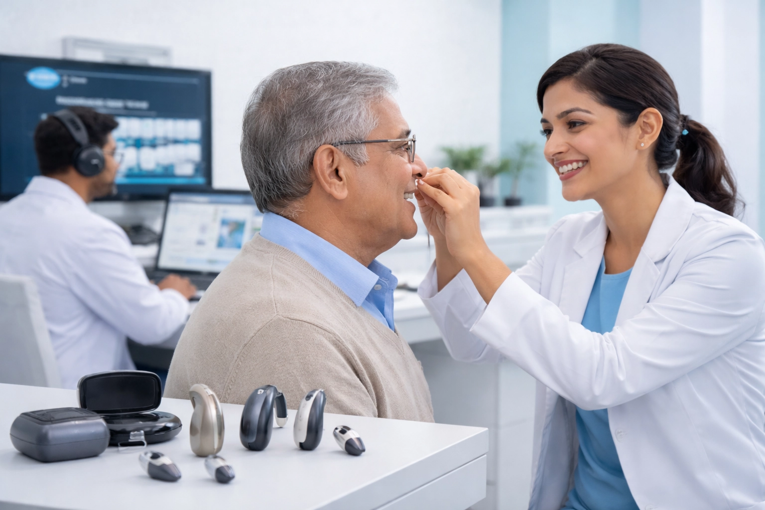 Patient consulting with professional audiologist